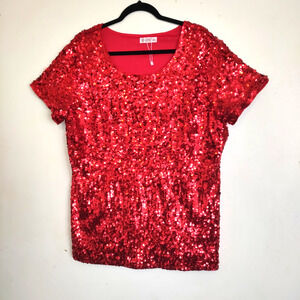 Maner Red Sequinned Top PLUS Sz 4 XL Heavily Embellished Stretchy Holiday Lined